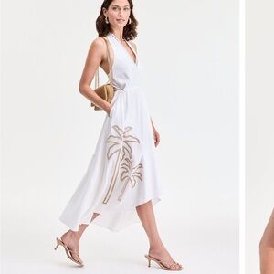 INC International Concepts White Asymmetrical Palm-Embroidered Midi Dress
